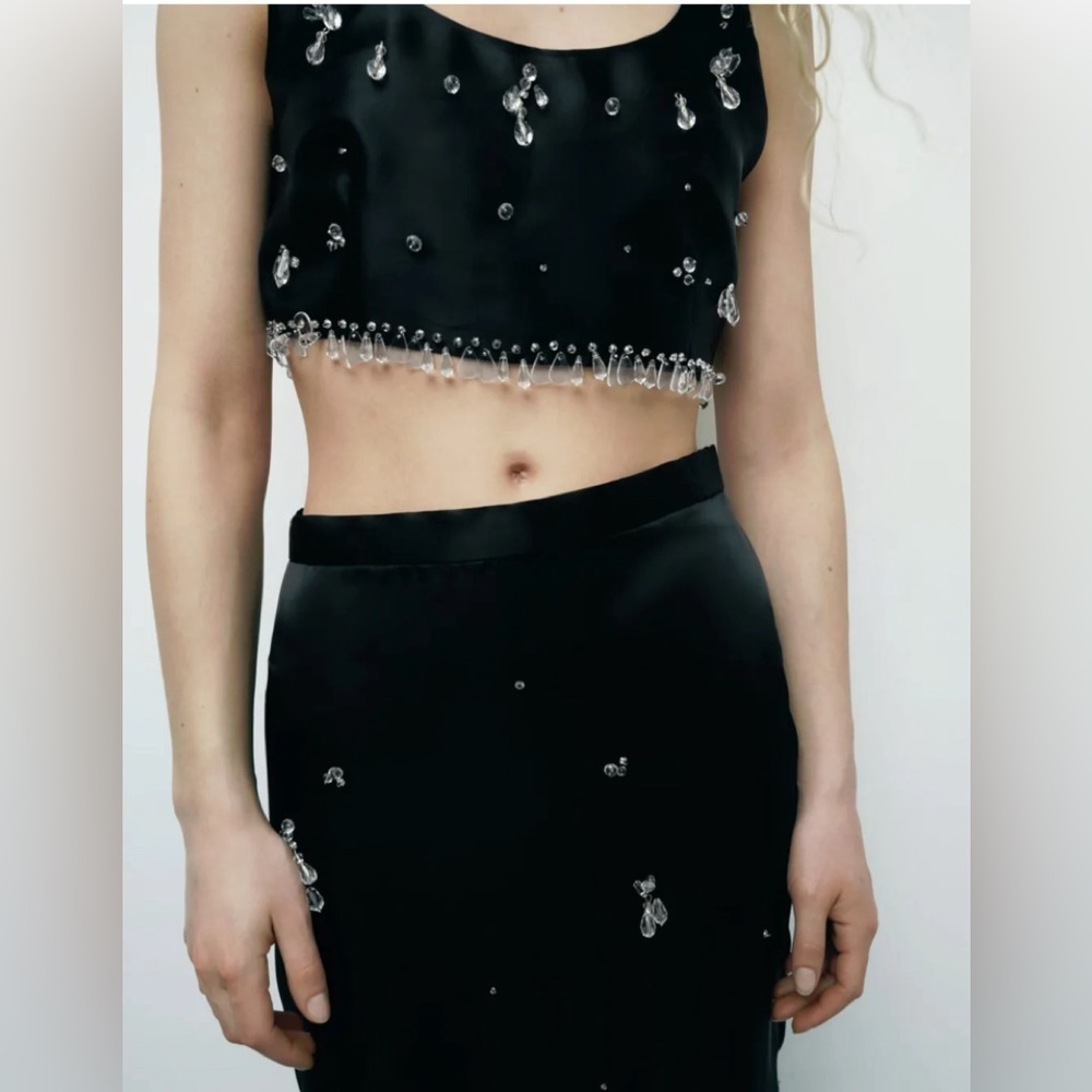 Zara limited edition black clear beaded jewelled sleeveless crop top Sz S NWT - Picture 5 of 16
